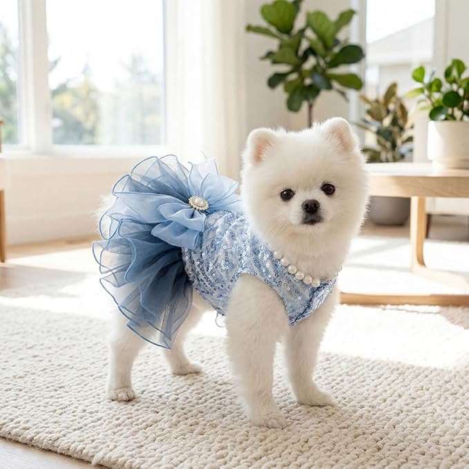 Blue Princess Small Dog & Cat Dress - Sequin Tutu Outfit with Bow Knot & Pearl Decor | Formal Pet Clothes for Wedding, Birthday, Party | Fit Chihuahua, Yorkie, Kitten (Blue-Bow, Large)