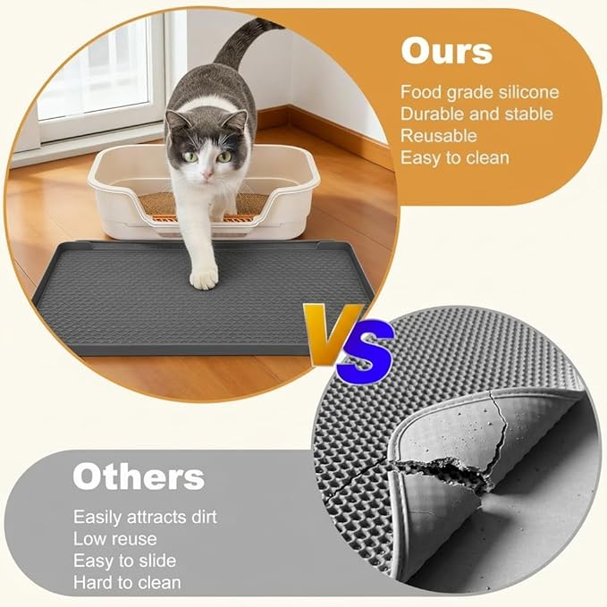 Cat Litter Mat, 24''x20'' Waterproof Silicone Litter Trapping Mat for Litter Box, Soft on Kitty Paws Non-Slip & Easy to Clean (Dark Grey)