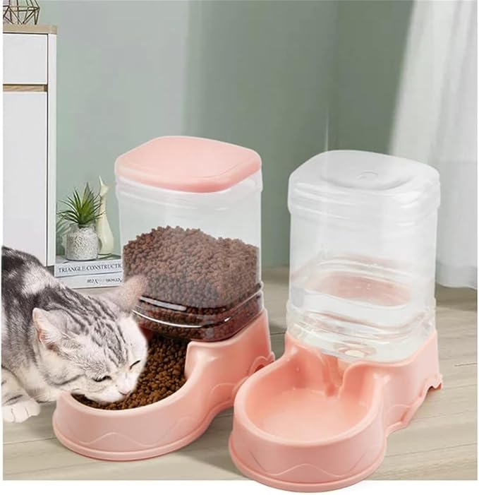 Pet Feeding Bowl and Water Dispenser with Refillable Storage Container Self-Dispensing 1 Gallon Large Capacity Cat Feeder, 3.8 Liters Capacity Dog Rabbit Waterer (Pink, for Water)