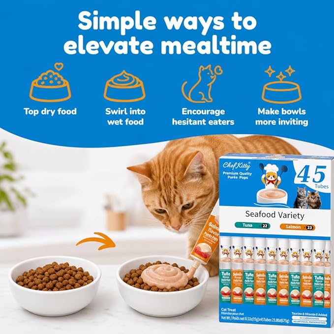 Cat Treats Lickable | Grain-Free Tuna & Salmon Cat Treats | Creamy Puree Squeeze Ups with Vitamin E & Taurine, Digestible Formula | 0.5 oz. Each Tube, Seafood Mix Variety | 45 Tubes