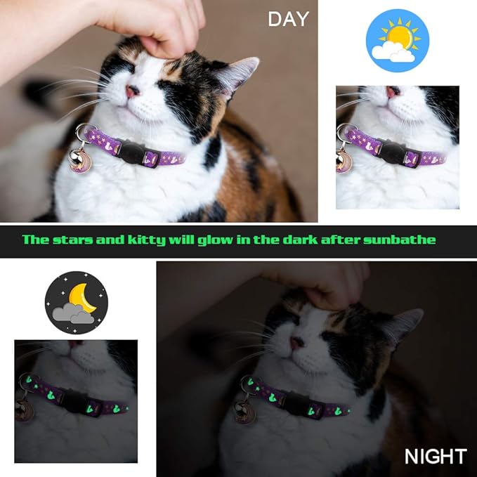 4PCS Cat Collar with Bells,Breakaway Cat Collars,Moons Stars Cute Kitty Adjustable Safe Kitten Collars Pendant Glow in The Dark,Cat Collars for Boy Cats 8.0-13.0 Inch(2 Black & 2 Grey)