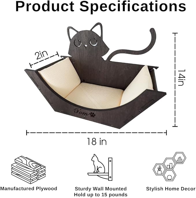 Personalized Hanging Cat Bed Basket Shaped with Mattress, Cat Bed Window with Cushion, Wooden Cat Hammock Wall Shelves, Wood Perch Toy Bed for Playing Sleeping Scratching