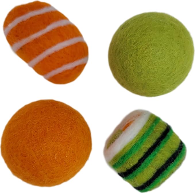 Wool Felt Sushi and Balls Cat Toys (Salmon Sashimi, Sushi Roll, Two Balls)