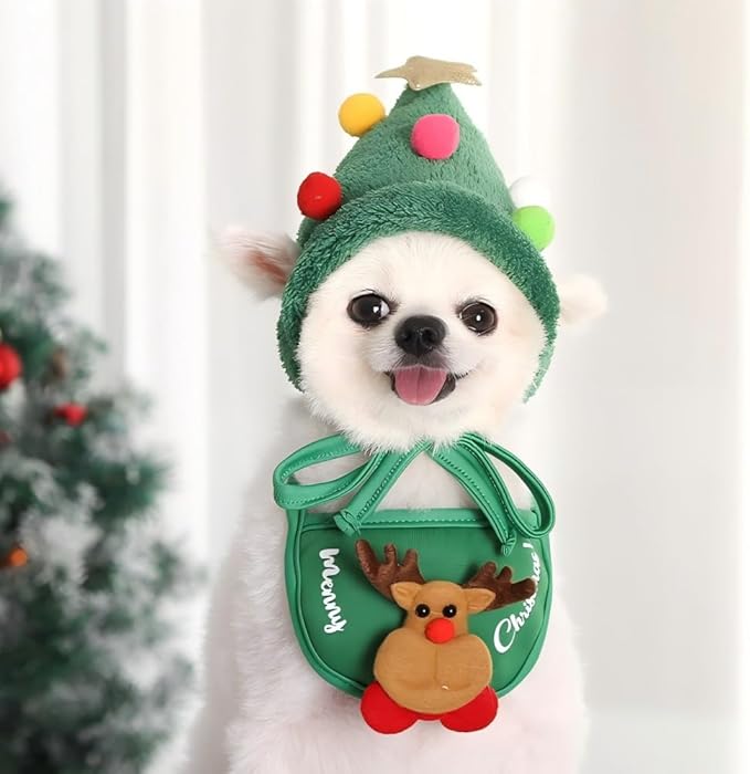 Christmas Tree Hat & Bib Set for Pets, Adjustable Dog Cat Costume with Pom-Pom for Xmas Party & Photos(S)