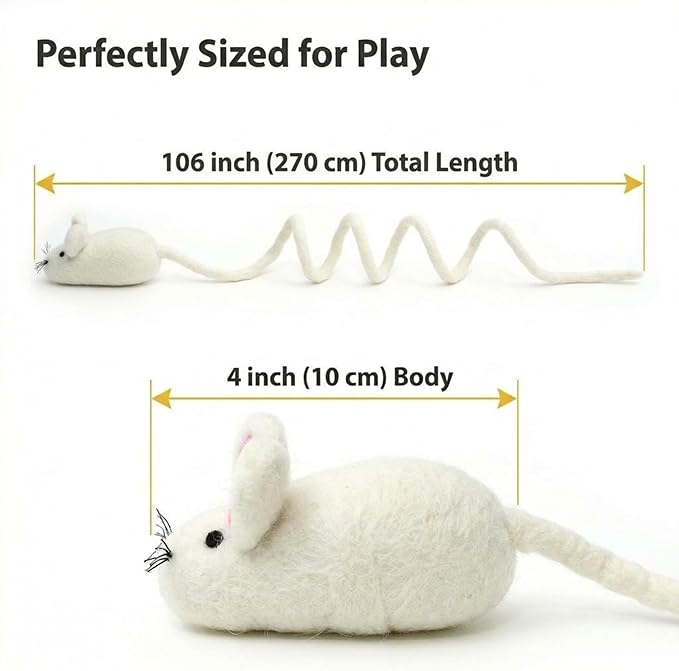 Glaciart One Felt Mouse Cat Toy – Soft Fuzzy Enrichment 100% Natural Wool - Interactive Catnip Play Cat Toy Set - Safe for Pets, Non-AZO Colored Dyes - 100” Long