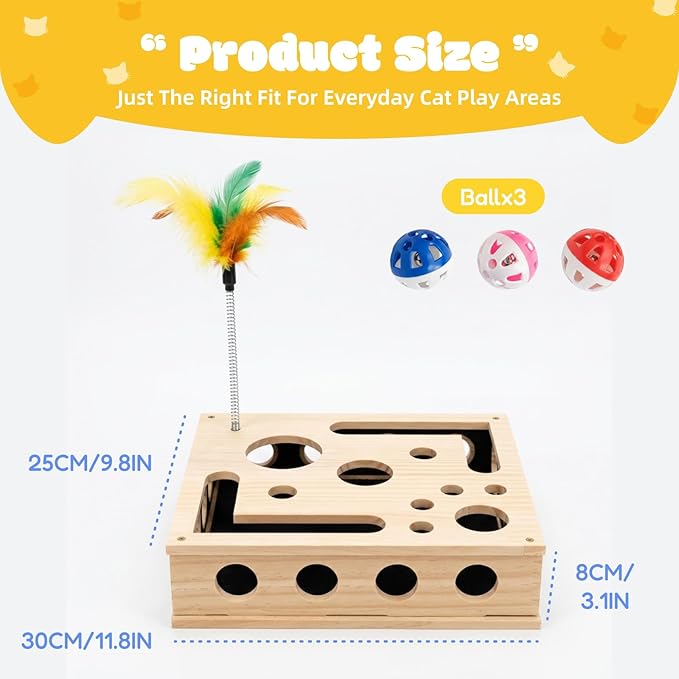 Cat Nail File Box, Solid Wood Cat Scratch Puzzle Enrichment Toy with Built-in Grooming Paper, Interactive Hideaway for Indoor Cats with 3 Bell Balls and Feather Cat Toy (Color: Natural Wood)