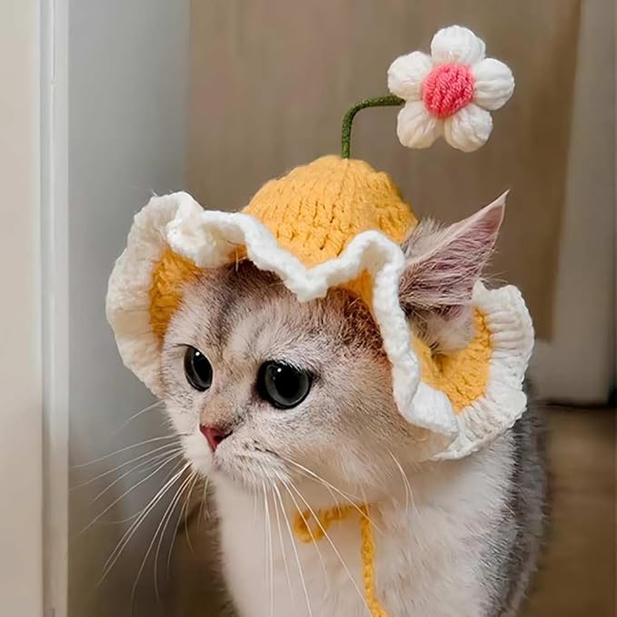 2Pcs Cute Knit Cat Hat,Handmade Crochet Dog Hat Halloween Christmas Party Costume Headwear for Pet Puppies (Frog and Flower)