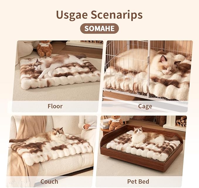 SOMAHE Cat Bed, Plush Faux Fur Kneading Flat Mat - Machine Washable Fluffy Pet Bed for Indoor Cats, Non-Slip Small Kitten Bed, Therapeutic Knead Cat Mat for Couch & Window Sill, 23"×15" Inch,Brown