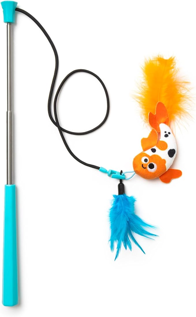 Mad Cat Playing Koi Retractable Feather Wand Cat Toy, with Telescopic Handle, for Hunting Instincts