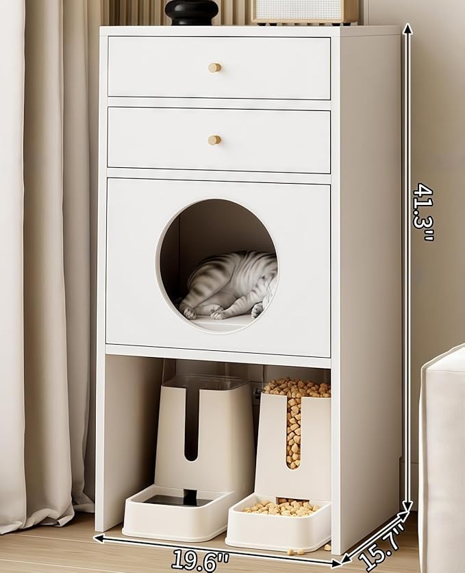 Multi-Function Cat House Furniture, Solid Wood Cat Condo with Storage Drawer, Pet Bed & Feeding Area, Compact Cat Cabinet (White,19.6" L*15.7" W*41.3" H)