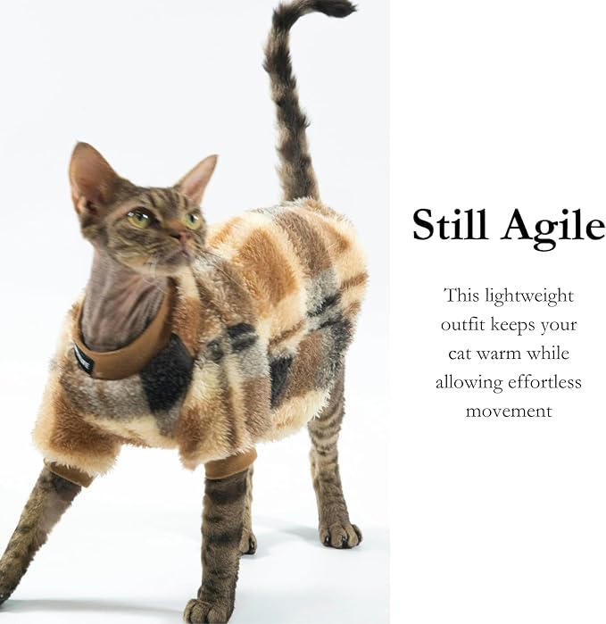 Cat Double-Sided Fleece Clothes, Soft Warm Winter Jumpsuit Sweater Shirt Clothing for Hairless Sphynx, Devon & All Indoor Kittens (Green,L)