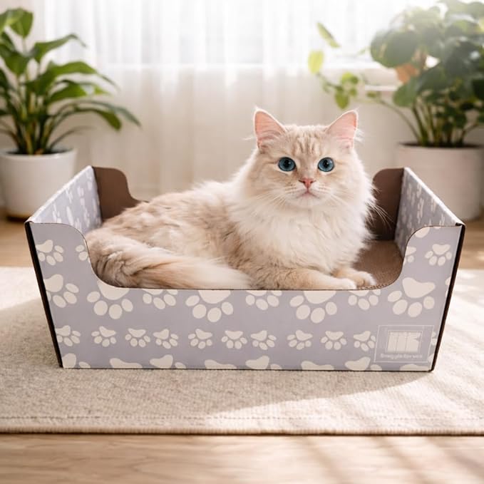 SnuggleSpruce Cardboard Cat Scratcher Box & Bed – 2-in-1 Reversible Scratch Pad for Indoor Cats – Heavy Duty Corrugated, Furniture Protector, 16"x13"x7.5", Gray