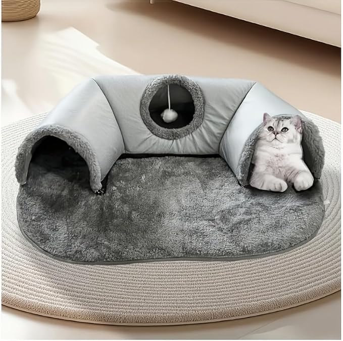 Cozy Pet Cave 3-in-1 Cat Tunnel Bed, Gray Plush with Fleece Lining, Anti-Slip Base, Multiple Entrances, Indoor Cat House, 33.46 x 25.59 Inch