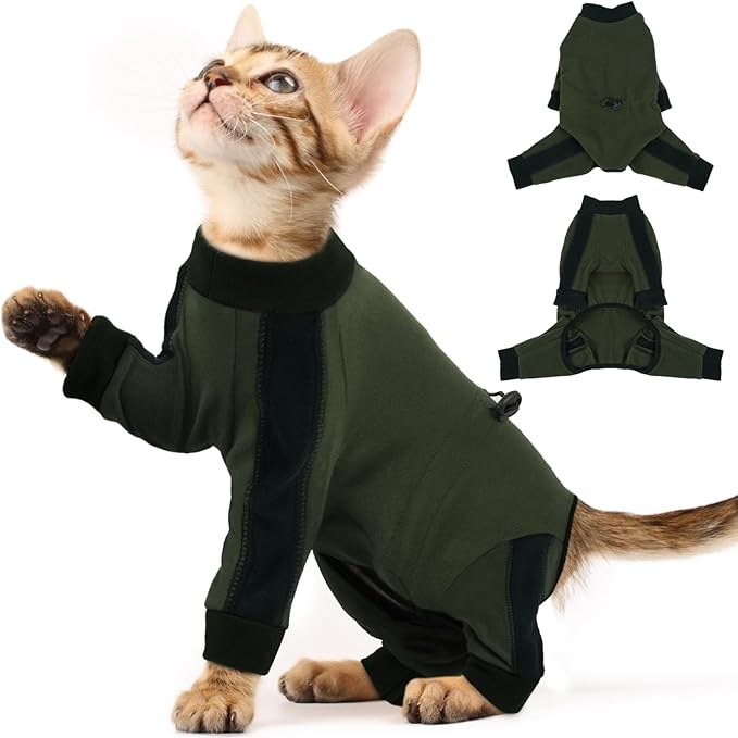 Cat Pajamas for Cats Only, Sticky Hair Cat Clothes, Long Sleeve Sphynx Clothes, Anti-Licking or Skin Disease Recovery Suit for Female Cats, Kitten Onesie Pajamas, ArmyGreen, 2XL
