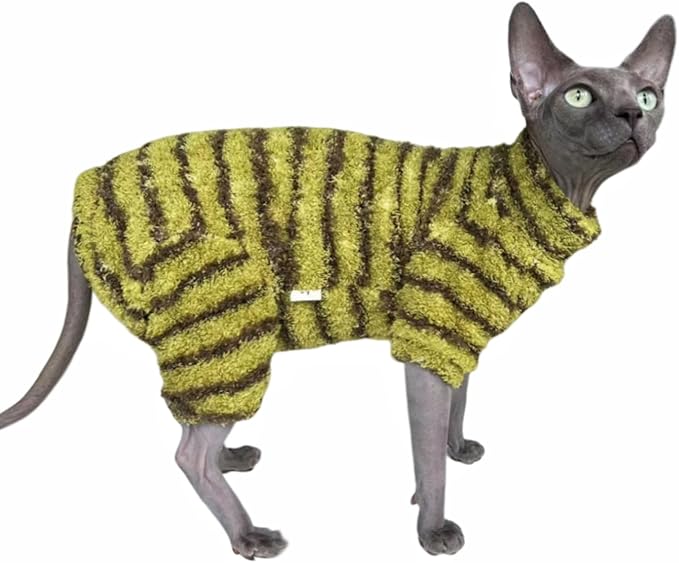 Sphynx Cat Clothes Four Leg Fleece Pajamas Super Soft Elastic Pet Clothes for Hairless Cat Surgery Recovery Suit Cat for Sphynx Devon Cornish (Green Black Stripe, X-Large)
