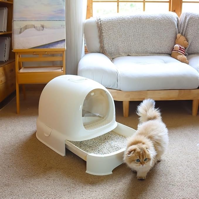 Pet Supplies, Enclosed Hooded Cat Litter Box with Handle,Portable Privacy Drawer Toilet(White)
