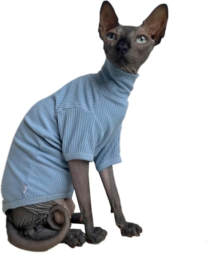 Sphynx Hairless Cats Shirt Cotton Cat Turtleneck Sweater Pullover Kitten T-Shirts with Sleeves Cat Pajamas Jumpsuit for Sphynx Cornish Rex, Devon Rex, Peterbald (Small (Pack of 1), Sky Blue)