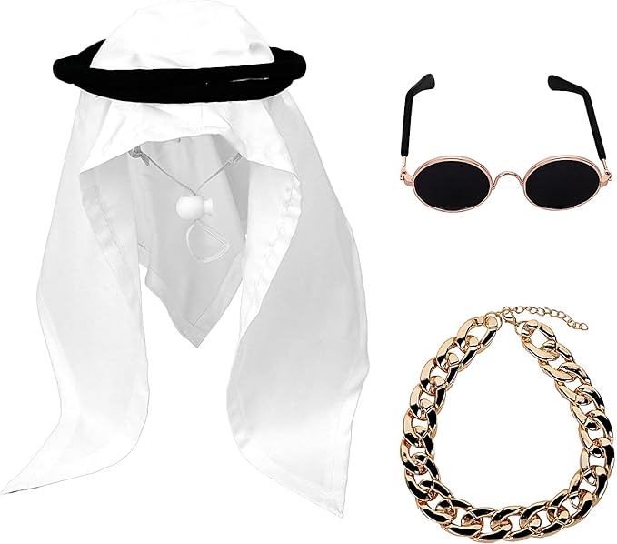 Halloween Costumes for Cats 3Pcs Middle East Desert Cat Costume Dress Up Accessories Arab Shemagh Sunglasses Gold Chain
