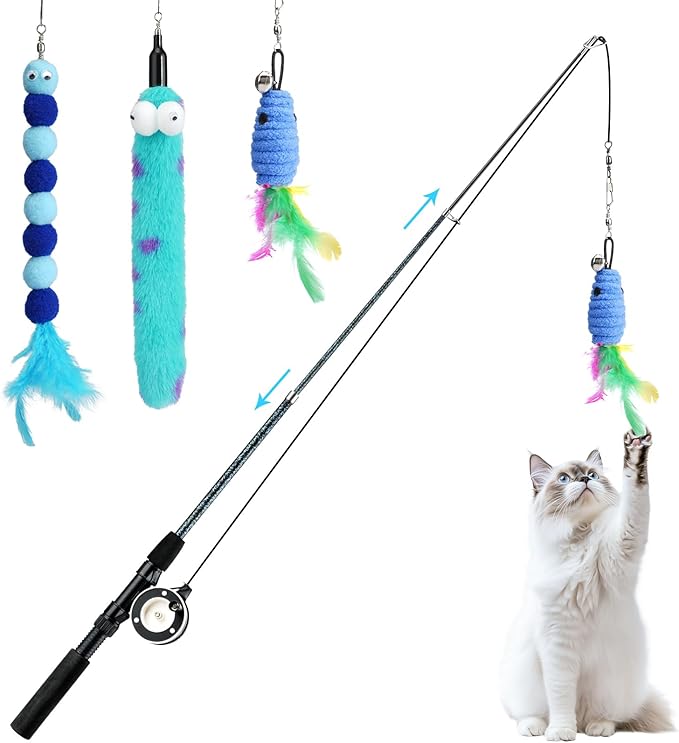 Pawaboo Cat Teaser Wand Toys, Cat Fishing Pole Toy with 3 Pack Feather Refills, 3-Section Retractable Kitten Feather Toys with Pulley, Indoor Cats Teaser Catcher Exerciser with Bell, Blue