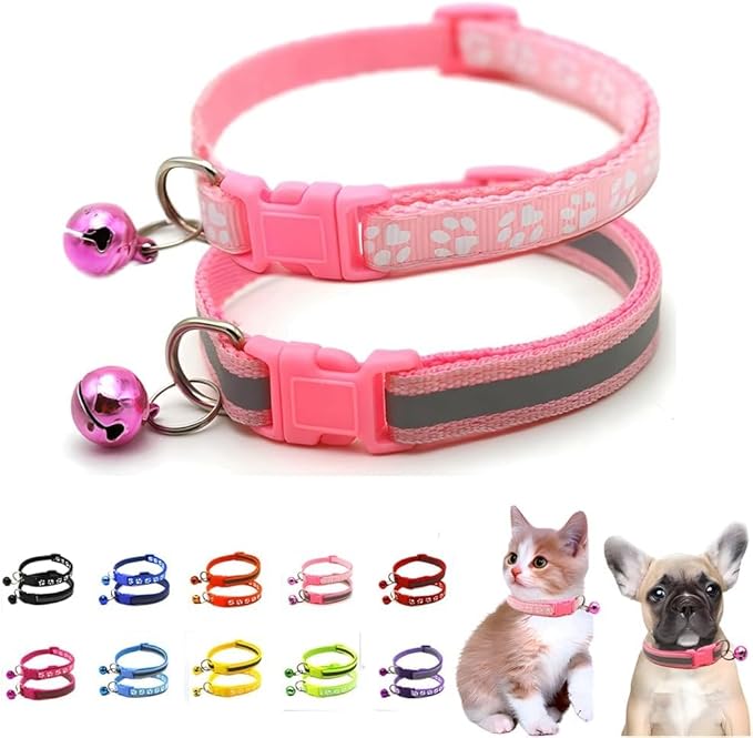 Puppy Collar with Bell, 2-Pack Basic & Reflective Cat Collar with Bells for XXS Xs Small Pet Dogs Boy Tiny Kitten Male Animal, Neck 7-12 inch (Pink)