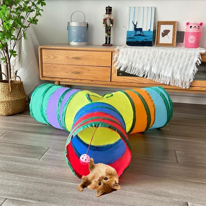 Cat Tunnel Tube Toy Collapsible 3 Way Rainbow, Pet Tunnels for Indoor Cats, Play Tubes with Hanging Ball Perfect for Kittens, Puppies, Rabbits, Interactive Toys for Fun Playtime & Exercise