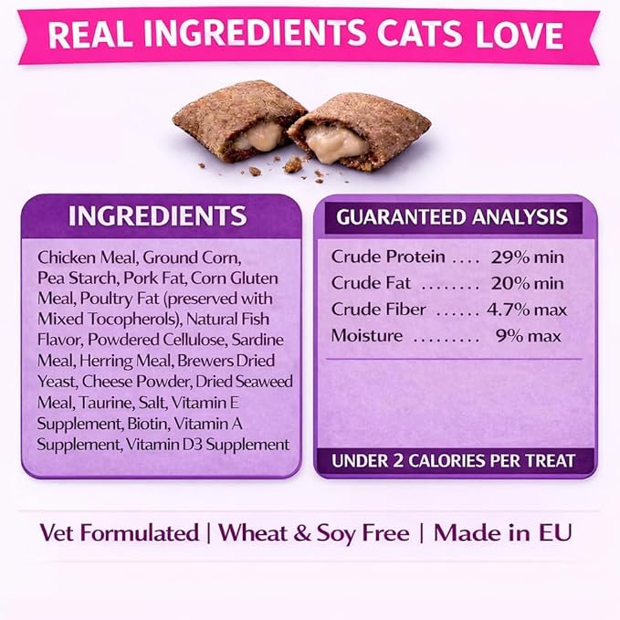 Calming Cat Treats for Indoor Cats – Crunchy Pillow Bites Gooey Center – Beef Low Calorie Kitty Treats – Cat Snacks Food Topper Wheat Soy Free Healthy Dental – 3oz (Packaging May Vary)