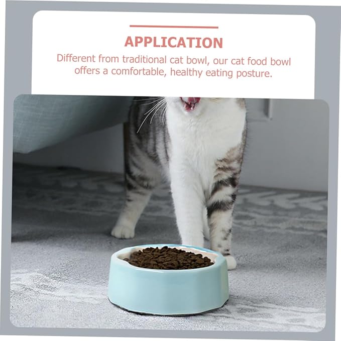 Ceramic Slanted Pet Bowl with Blue Animal Paw Design, Tilted Dog and Cat Food Dish for Feeding and Watering, Small Size Pet Feeder Suitable for Cats and Small Dogs