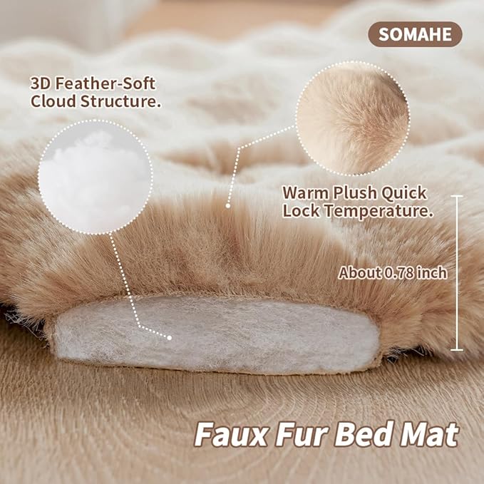SOMAHE Cat Bed, Plush Faux Fur Kneading Flat Mat - Machine Washable Fluffy Pet Bed for Indoor Cats, Non-Slip Small Kitten Bed, Therapeutic Knead Cat Mat for Couch & Window Sill, 23"×15" Inch,Brown