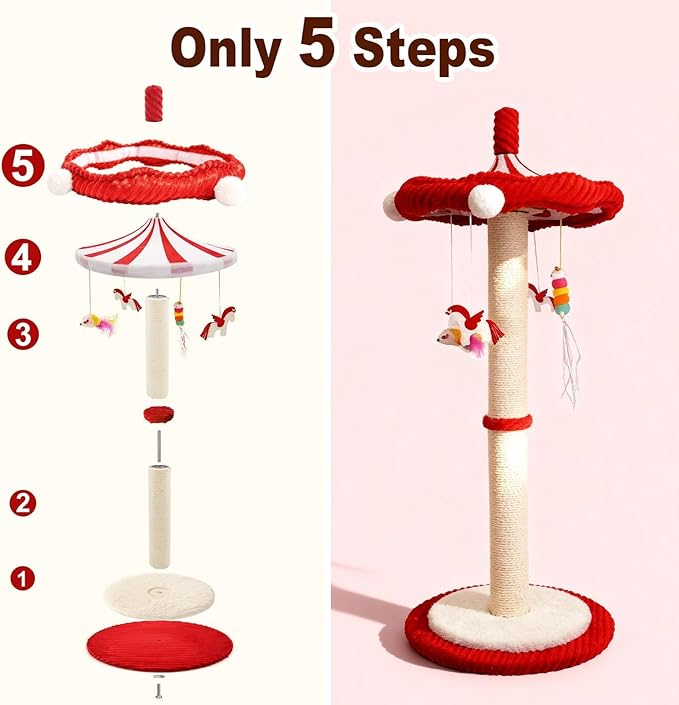 Carousel Interactive Cat Toys for Indoor Cats, 32" Tall Cat Scratching Posts for Indoor Cats Adults with Rotating Top, Cute Cat Scratch Post with Hanging Cat Toys, Medium