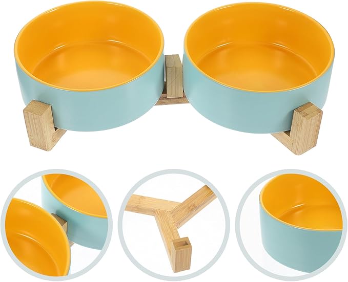 Ceramic Elevated Cat Bowl Double Pet Bowl with Matte Blue-Yellow Interior and Wood Stand, Small Size Household Feeding and Watering Dish for Kittens and Cats