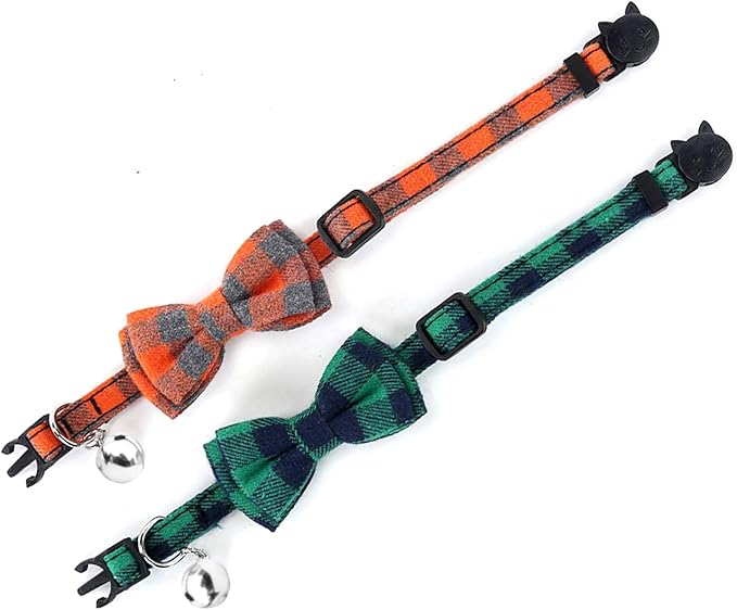 2 Pack/Set Cat Collar Breakaway with Cute Bow Tie and Bell for Kitty and Some Puppies, Adjustable from 7.8-10.5 Inch (Green+Orange, Plaid)