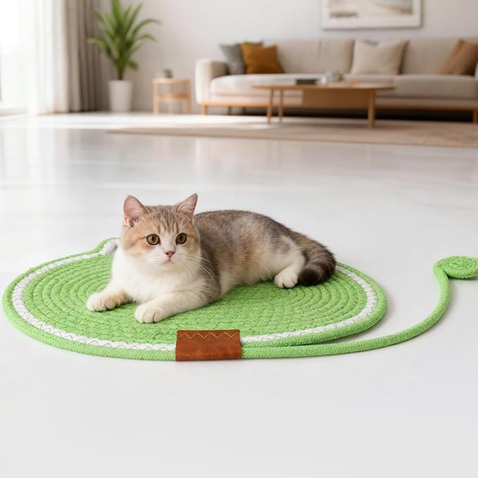 2 PC Cat Scratcher Mat - Natural Cotton Rope Oval Horizontal Scratch Pad (11''x13.7'') with Dangling Ball Toy, Cat Ear Design, Furniture Protector for Floor/Wall, Durable Handmade (Grey, 2 PC)