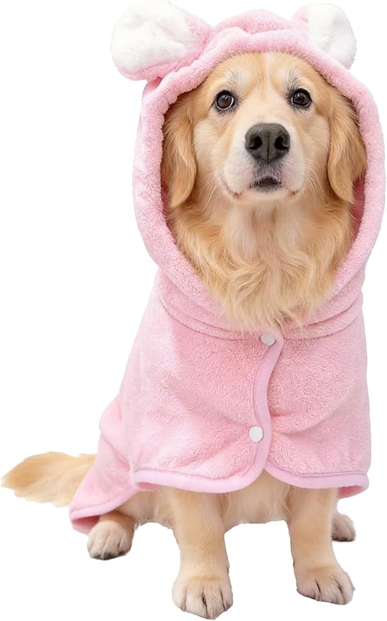 Pet Bathrobe for Dog Cat Super Absorbent Quick Drying Hooded Bath Towel Adjustable Robe for Pool Beach Cold Weather,Pink XS