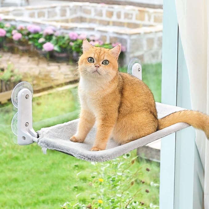 Zoratoo Cordless & Foldable Cat Window Perch with Metal Frame and Reversible Washable Cover Pet Hammock Bed, 4 Large Suction Cups Window Resting Seat for Indoor Cats Kittens (Grey - M)