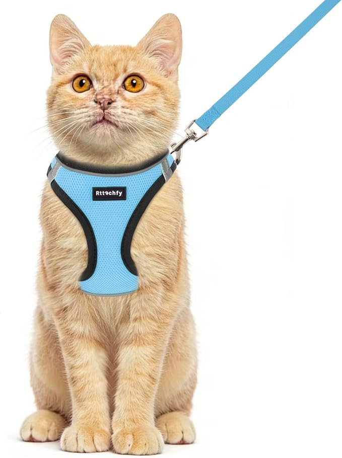 Rttochfy Cat Harness and Leash Set, Escape Proof Kitten Harness, Soft and Breathable Vest with Reflective Strip, Easy to Wear for Cats Walking and Traveling (BK Light Blue, L)