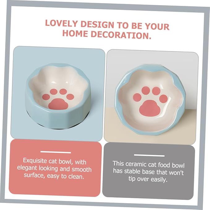 Ceramic Tilted Pet Bowl Blue Small Slanted Cat and Dog Feeder Bowl with Animal Paw Print for Feeding and Watering Pets