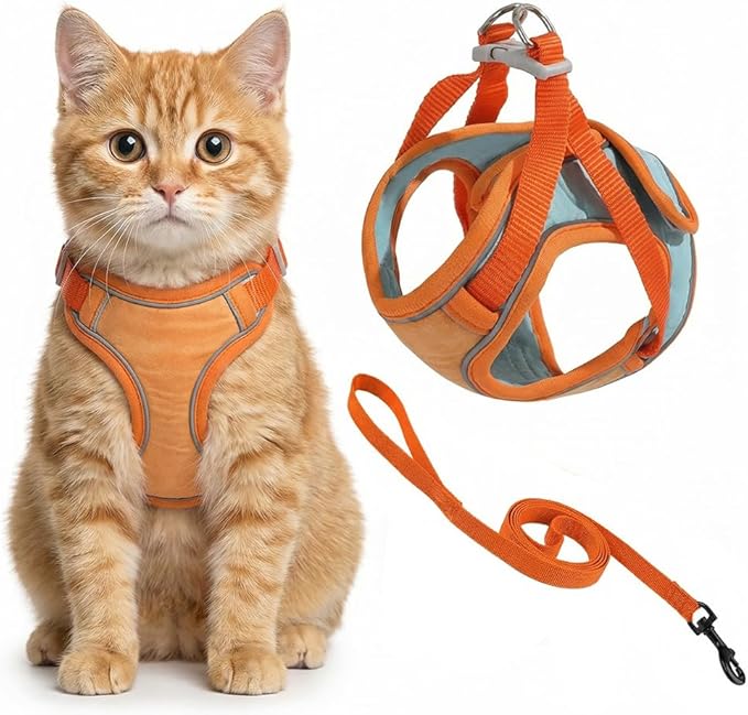 Cat Harness and Leash, Escape-Proof Cat Harness Set, Adjustable Step-in Pet Harness for Walking for Small Medium Cats (Orange, L)
