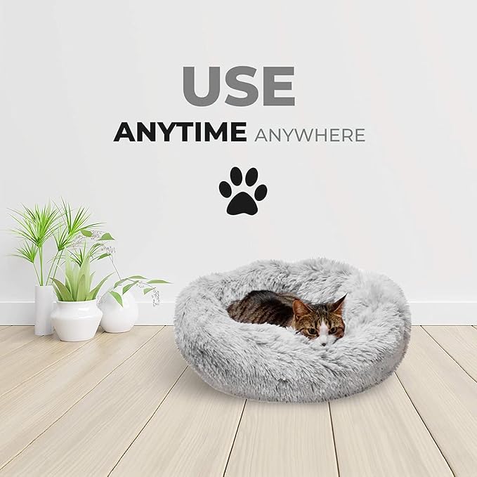 Whiskers & Friends Cat Beds for Indoor Cats, Fluffy Calming Donut Cat Bed, Small Dog Bed Washable - Orthopedic Soft Plush Pet Beds Sized for Kitten to Large Cats & Puppy to Small Dogs, Light Grey 23''