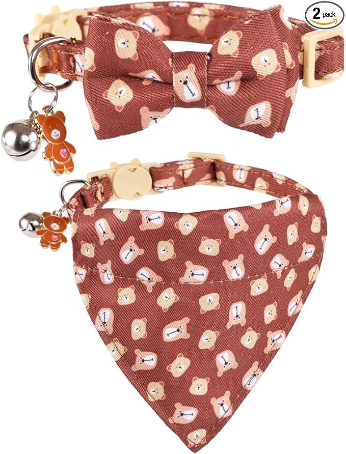 Cat Collar Breakaway with Cute Bow Tie Bandana and Bell Accessories Bear for Kitty Adjustable Safety