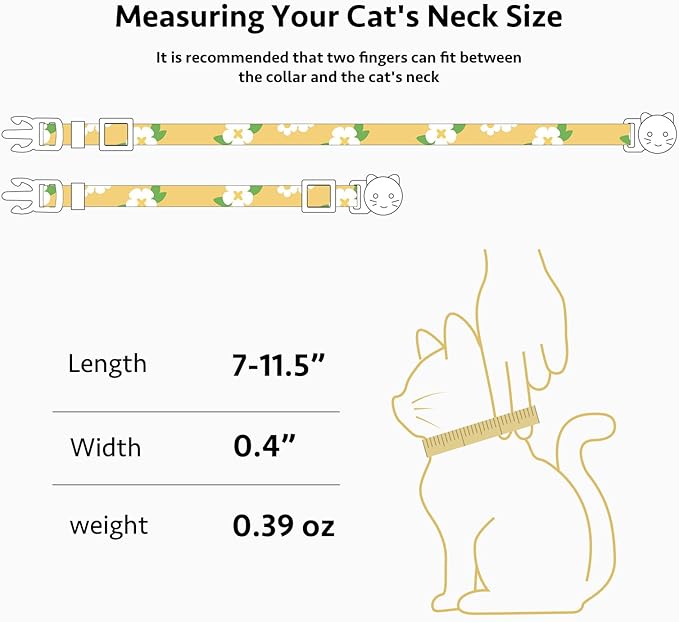 2 Pack Cotton Breakaway Cat Collar Green and Yellow Flowers Pendant Cute Kitten Cat Collar with Bell