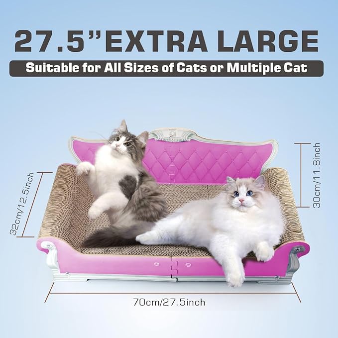 Extra Large Cat Scratcher Sofa Bed - 27.5" Durable Cat Couch & Scratching Board, Ergonomic Cardboard Lounge Furniture for Big Cats, Multi-Cat Households, Reversible Scratch Pad (Pink)