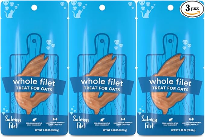 Cat Filet Treats Salmon 3 Pack - Wild Caught Fish High Protein Single Ingredient Soft Cat Treats - Grain Free Omega 3 Healthy Cat Snacks Food Topper for Picky Eaters - 3oz (3x1oz)