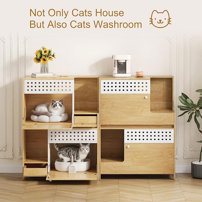 2 in 1 Cat Litter Box Enclosure Furniture, Double Hidden Litter Box Cabinet with Storage Shelf, Space Saving Wooden Cat House End Table for Indoor Use, Brown Natural,Natural