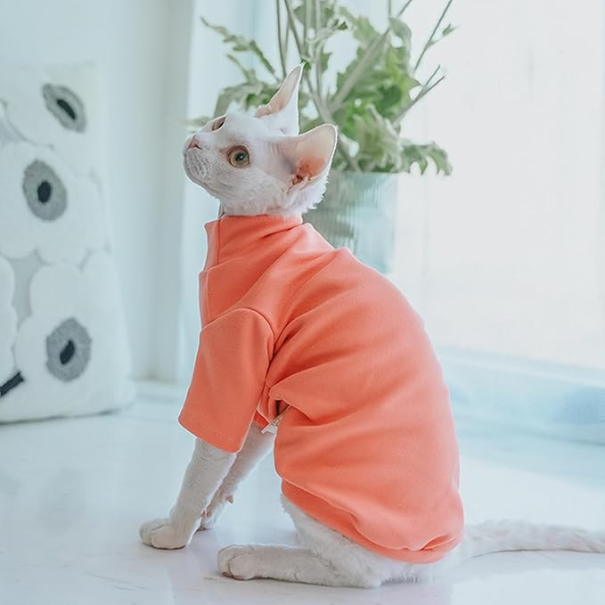 Sphynx Cats Warm Fleece Shirt Cat Turtleneck Undershirt Thermal Hairless Cat Clothes for Sphynx, Devon, Cornish Cat Clothes and Small Kitten and Dogs (Solid Orange, Small)