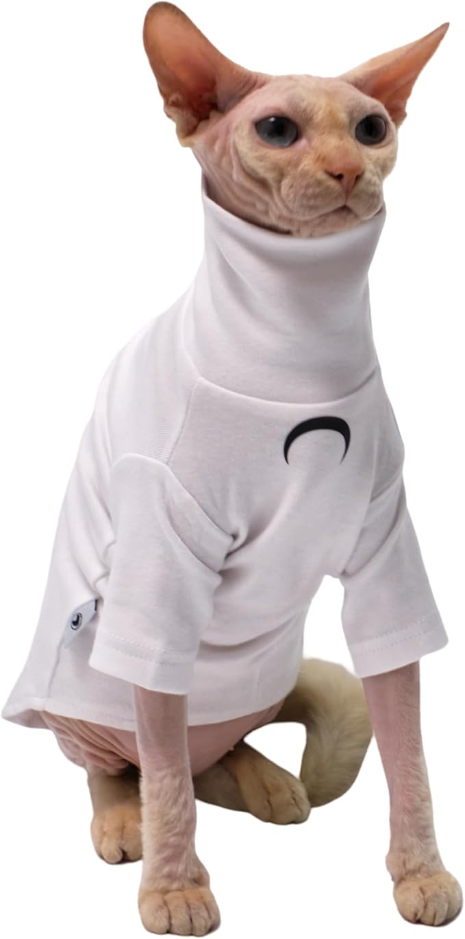 Sphynx Cat Clothes, Moon Print Turtleneck Cotton T-Shirt for Devon Rex Sphynx Cats (White Long Sleeve, Small)