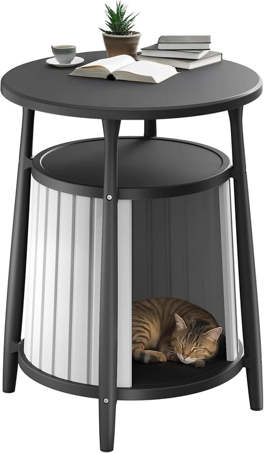 DRATO Cat Litter Box Enclosure Resin Vented Hidden Litter Box Versatile Round Side End Table Odor Control Double Layered Design Easy to Clean for Indoor Use(Black, 17.72''L×17.72''W×23.54''H)