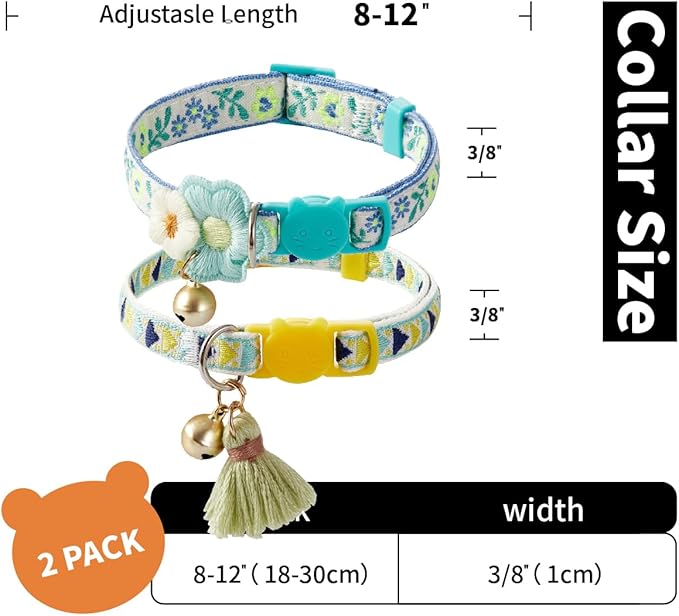 2 Pack Cat Collar Breakaway Cute Colorful Pattern for Cat Boy Girl Adjustable Length Collar with Little Bell Tassel Tribal Bohemian Pattern (2 Pack⎮Blue+Green)