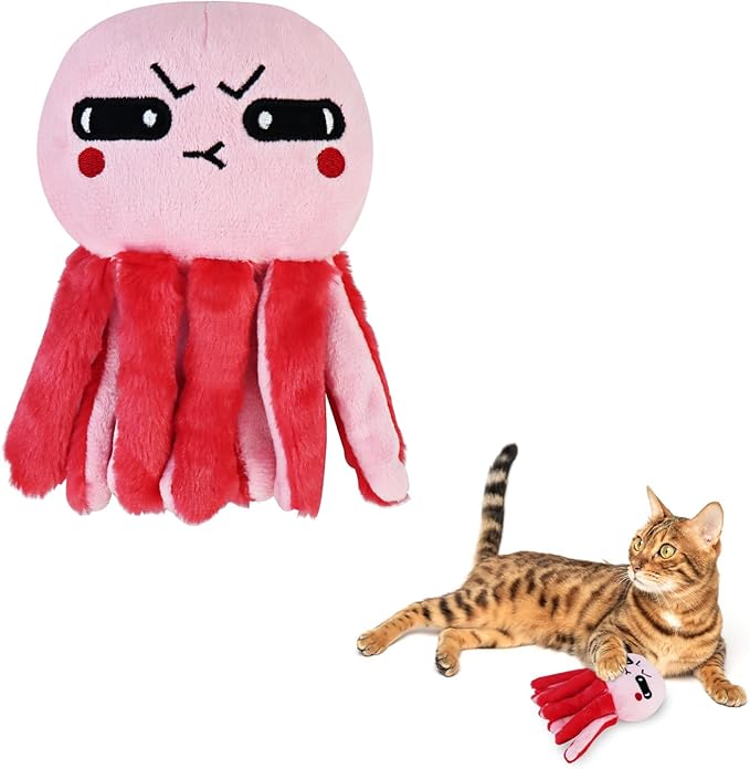 Andiker Octopus-Shaped Plush Toys with Crinkle Paper, Interactive Cat Toys for Scratching and Chewing, Indoor Cat Gifts and Lovers' Favorites (Pink)