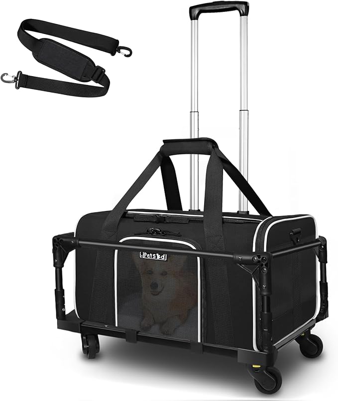 Petskd Small Pet Carrier with Wheels(18" L x 11" W x 11" H), Delta/American/United Airlines Approved, Rolling Pet Carrier for Small Dogs & Cats (Black)
