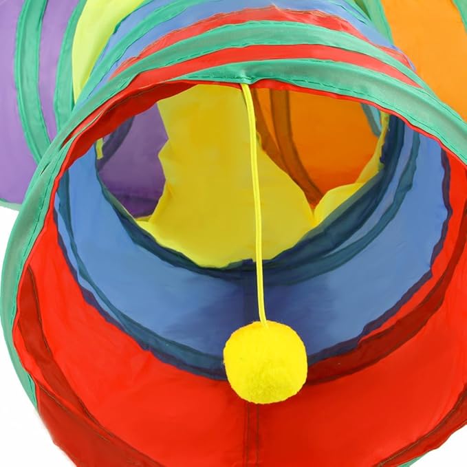 Cat Tunnel Tube Toy Collapsible 3 Way Rainbow T-Shape, Pet Tunnels for Indoor Cats, Hanging Ball Perfect for Kitten, Puppy, Rabbit, Interactive Toys for Fun Playtime & Exercise